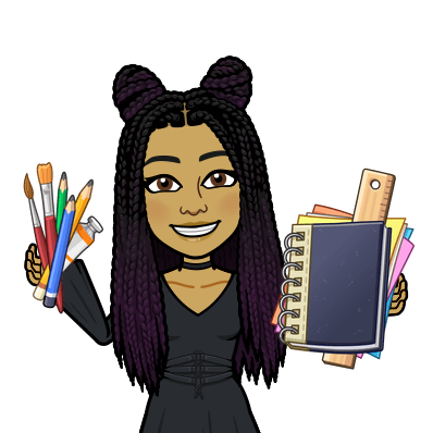 Bitmoji of Brie holding writing utensils and school supplies